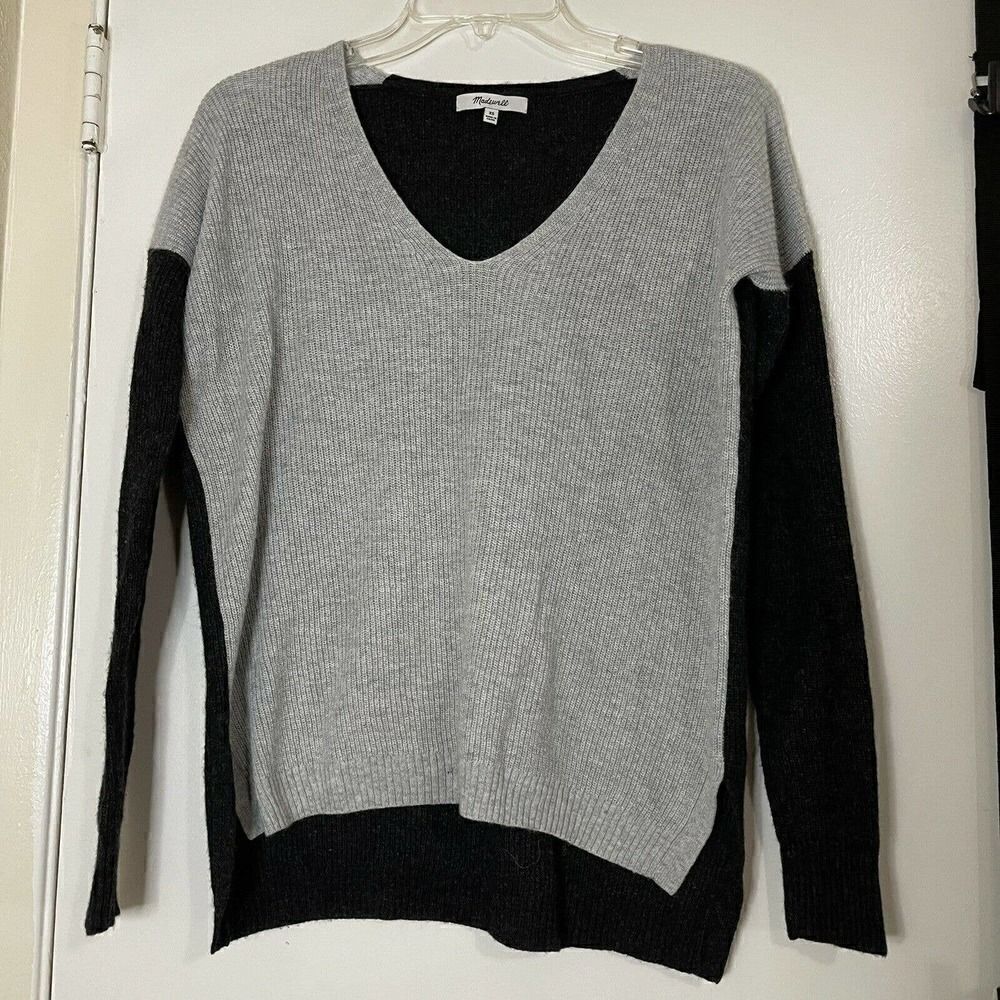 Madewell color block gray navy pullover vneck merino blend sweater size XS